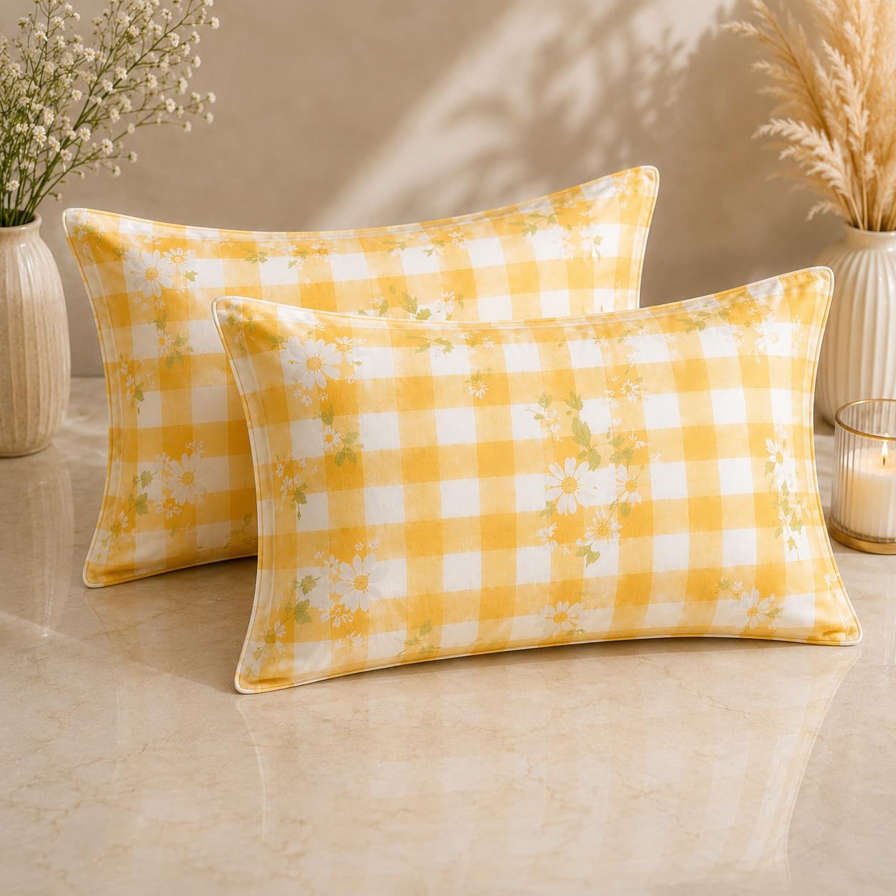 THE HOME STYLE Super Soft Glace Cotton King Size Printed Pillow Covers ll Pillow Cases ll Set of 2 Piece- 18"x 28" Inches (Daisy Sunshine Check)