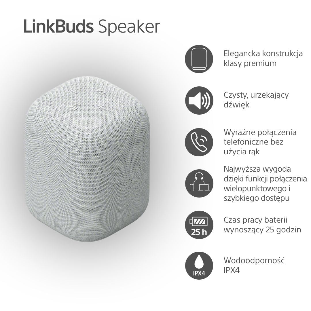 Sony LinkBuds Speaker przenośny bezprzewodowy głośnik Bluetooth ze stacją ładującą, IPX4, wodoodporny, 25-godzinny akumulator, jakość dzwonka, głośnik domowy, szary