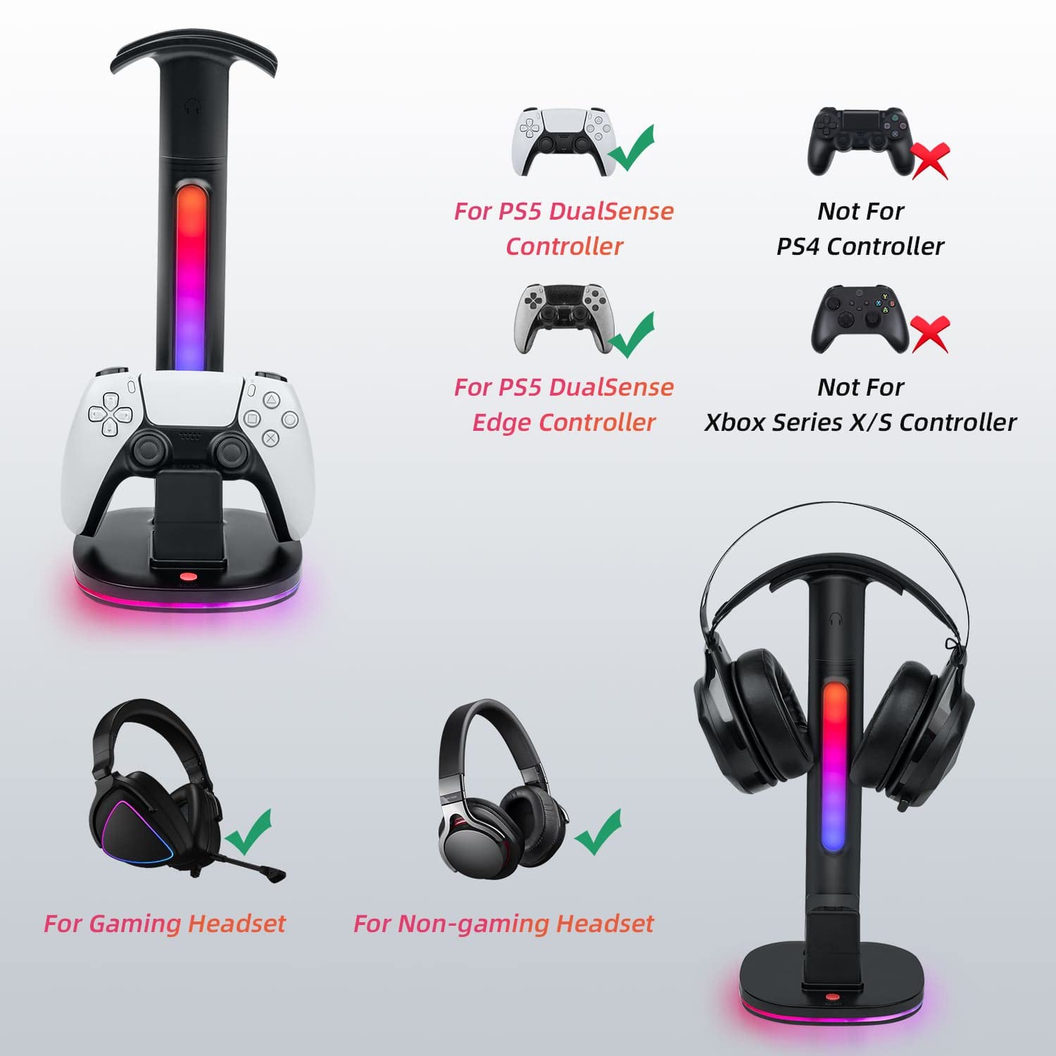 Stojak na słuchawki do kontrolera PS5, uchwyt na słuchawki RGB do kontrolera DualSense PS5 & Edge, z 2 portami USB - czarny