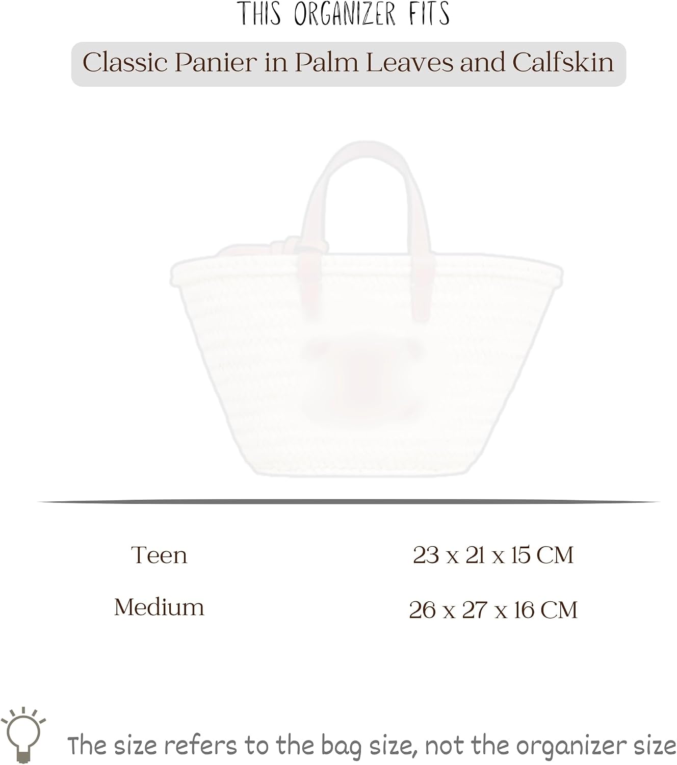 Organizer for Celine Basket Bag, Teen/Medium Classic Panier in Palm Leaves and Calfskin, Felt Insert with Top Zipper Cover (Medium, Tan)