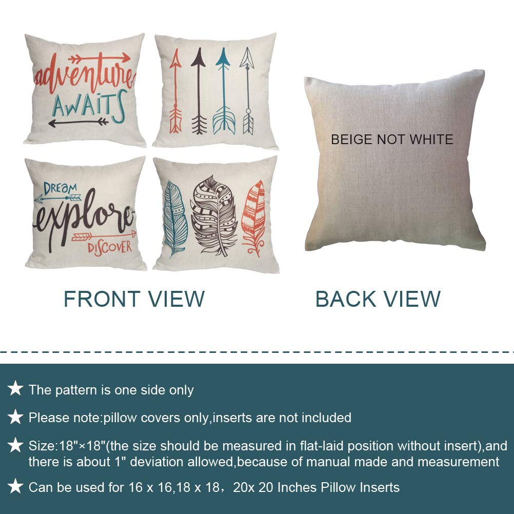 Feather Arrows Throw Pillow Case Inspirational Words Cushion Cover Home Decorative Square Pillowcases 18×18 Inch,4pack(Adventure Awaits,Dream Explore Discover, Ethnic Arrows, Feathers)