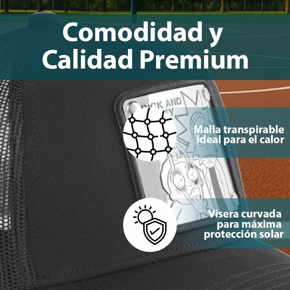 Capslab Casquette Trucker Rick et Morty | Patch avant, taille unique, fermeture à pression, visière incurvée, respirante | Maille et partie avant noires | Casquette de camionneur homme et femme