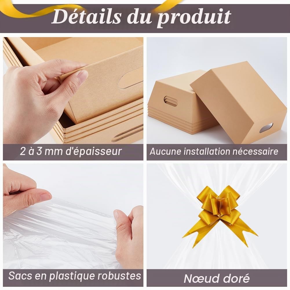 AHANDMAKER Lot de 10 paniers vides en papier avec sacs cadeaux avec ruban pour Noël, mariage, fête, Thanksgiving, décoration de vacances, 25,4 x 20,3 x 7,6 cm