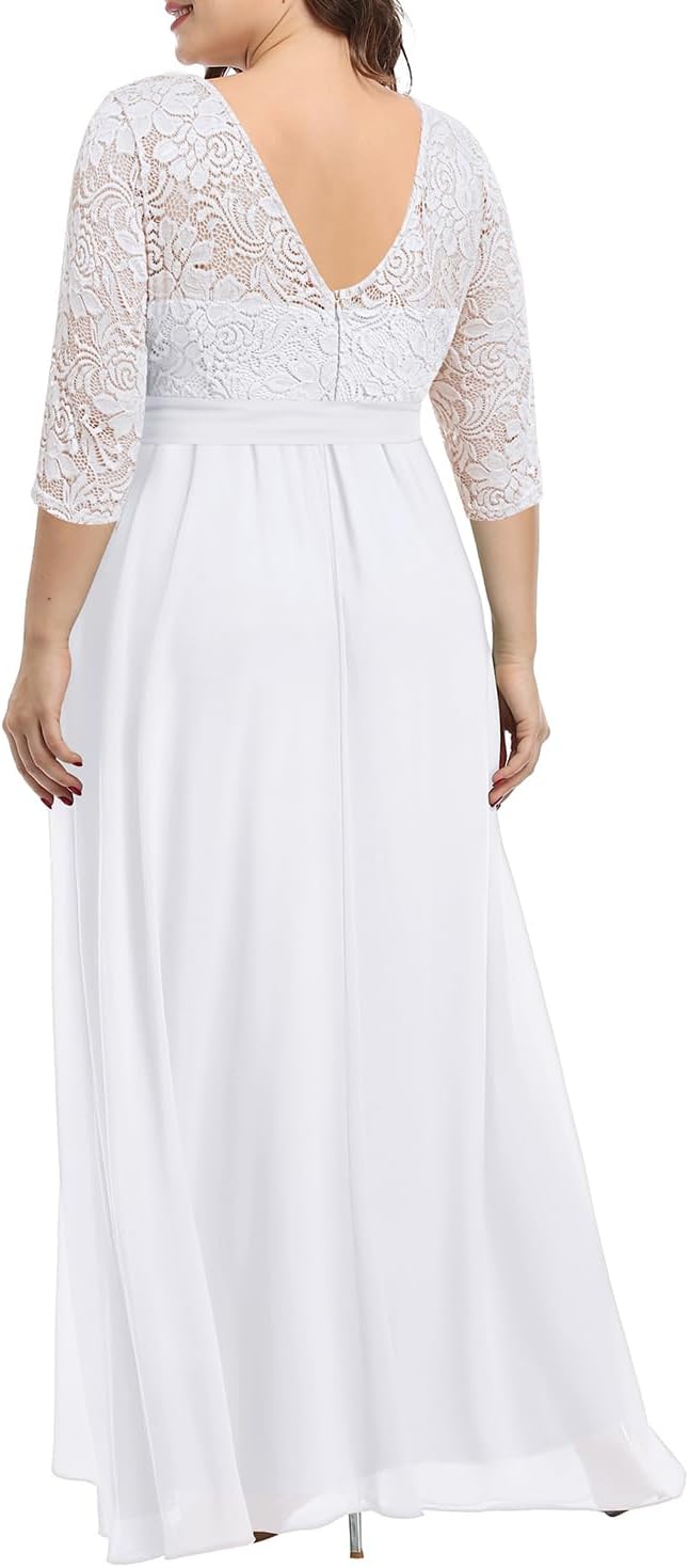 Plus Size Formal Dresses - Women Evening Gown Lace 3/4 Sleeve Wedding Bridesmaid Chiffon Maxi Long Dress