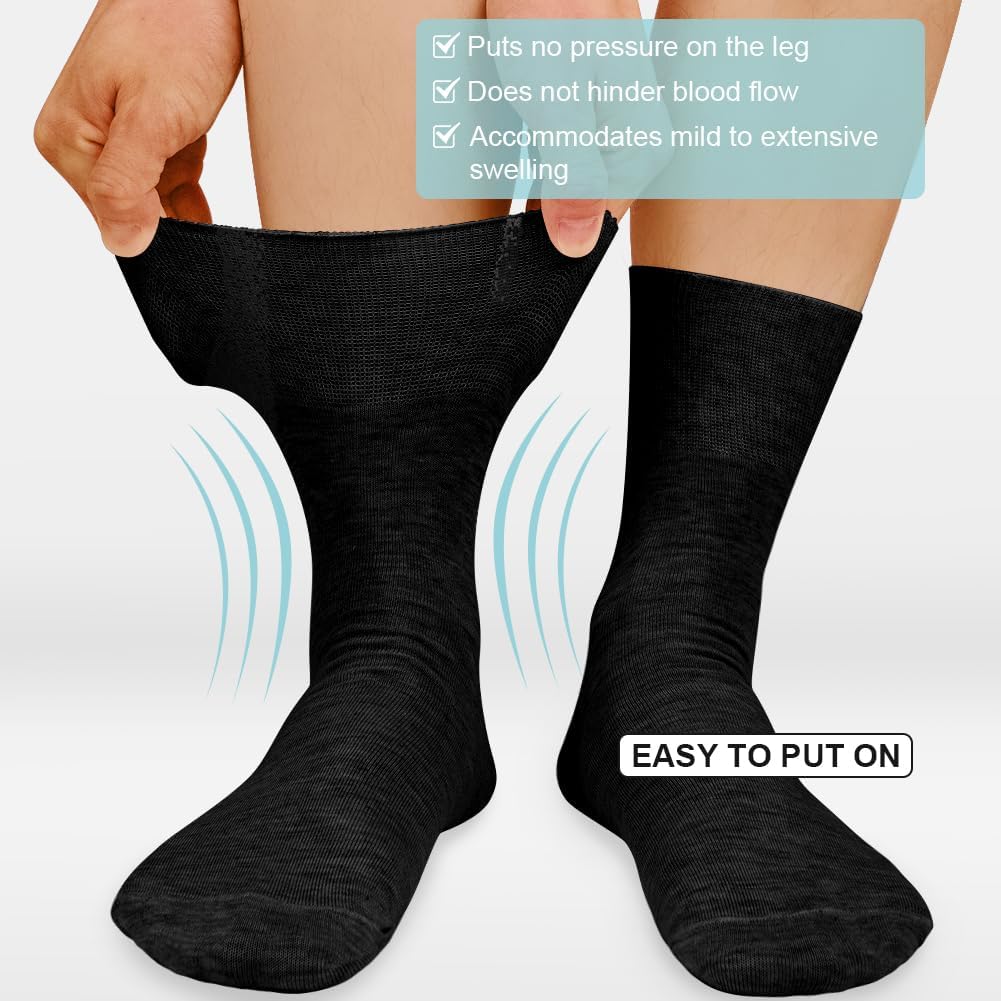 AOMIG Diabetic Socks for Men Cotton Light Compression Neuropathy Crew Socks, 6 Pairs Black Solid Wide Calf Loose Sock for Swollen Feet Thin Seamless Non Binding Moisture Management
