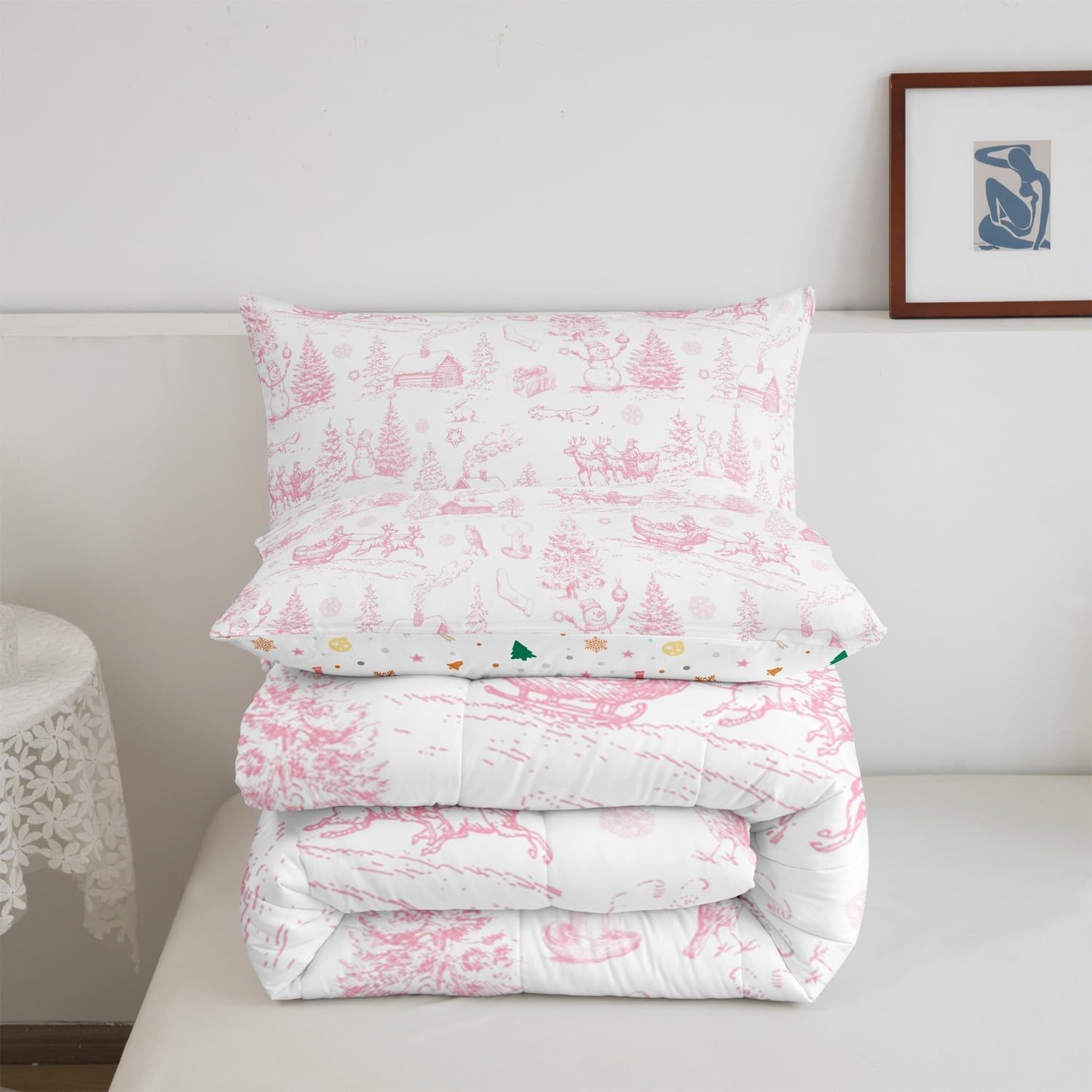 Christmas Comforter Set Twin Size,Pink White Winter Xmas Tree Quilt Set,Snowman Santa Claus Bedding Sets Kids Boys Girls Room Decor,Vintage Rustic Farmhouse Duvet Insert,1 Pillowcase