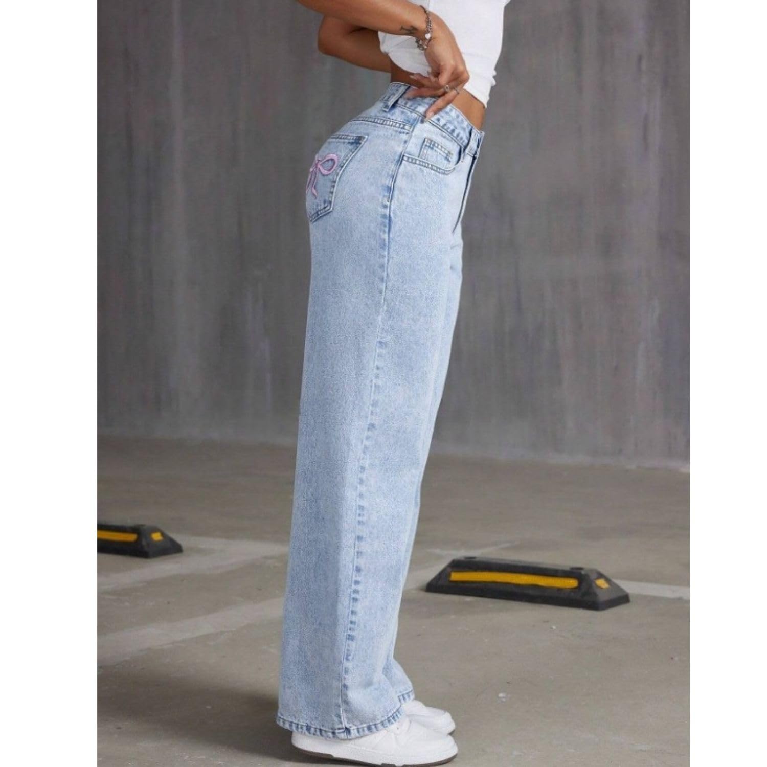 Baggy-Jeans für Damen, Teenager, Mädchen, Schleife, süße Denim-Jeans, hohe Taille, gerades Bein, Hose, ästhetische Szene