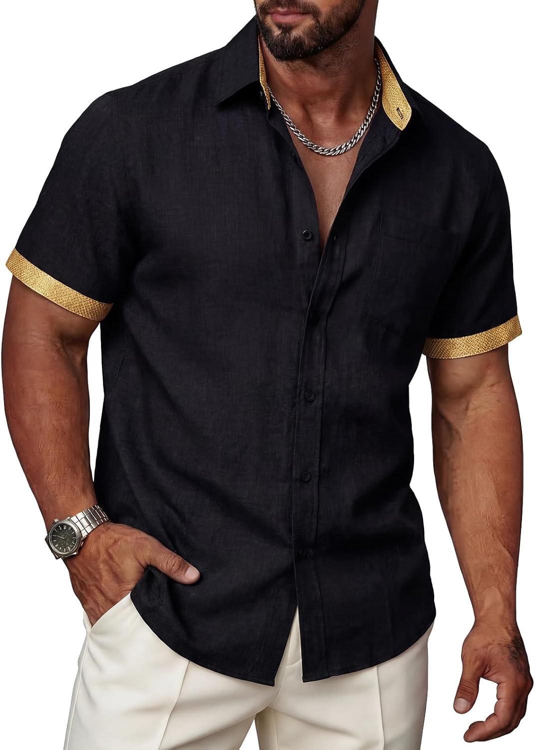 Men’s Linen Shirts Short Sleeve Casual Contrast Collar Button Down Shirt for Summer Holiday Beach Shirt with Pocket