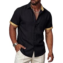 Mens Linen Shirts Short Sleeve Casual Contrast Collar Button Down Shirt for Summer Holiday Beach Shirt with Pocket