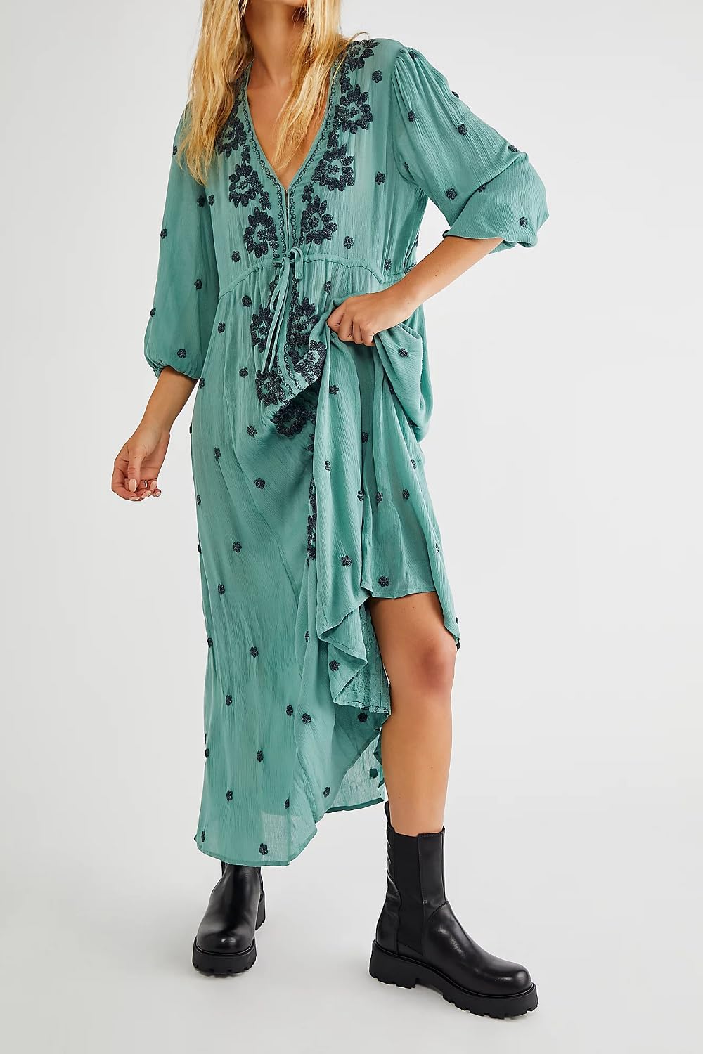 Women Boho Floral Maxi Dress Puff Sleeve V Neck Long Dress Bohemian Flowy Tiered Dress Loose Fit Shirt Dress - Image 2