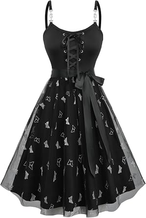 DRESSFO Women Glitter Silver Hot Stamping Butterfly Printed Mesh Lace Up A Line Cami Dress with Removable Belt