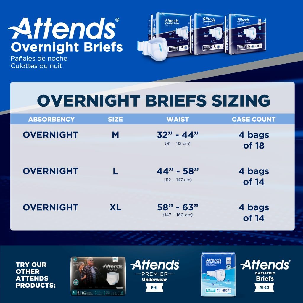 Attends Overnight Disposable Briefs, Large, 44"-58" Waist with Tab Closure, Heavy Absorbency and Dry-Lock Containment Core, 56ct Case