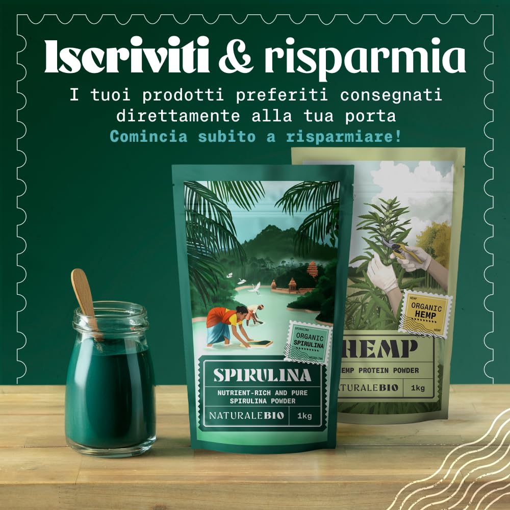 NaturaleBio Alga Spirulina Biologica in Polvere 200g. Bio, Naturale e Pura, Coltivata nelle regioni Tropicali dell'Asia. Ideale in Bevande, frullati o per Ricette. Adatta a Vegetariani e Vegani.