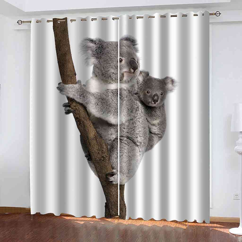 Rideau salon et cuisine gris motif koala, décoration moderne de fenêtre en lot de 2