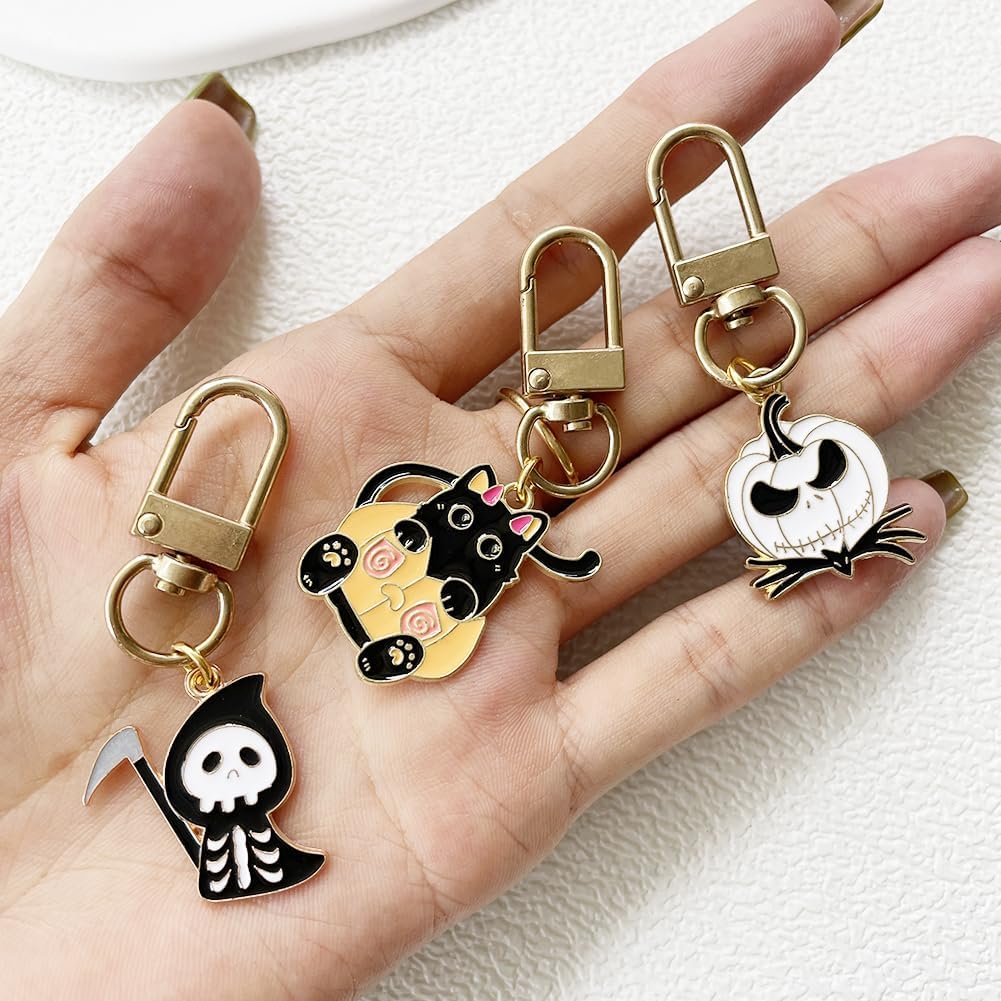 Halloween Keychain Set for Women Cute Orange Pumpkin Cat Black White Ghost Skull Head Pendant Charms Car Keys Ring - Image 3