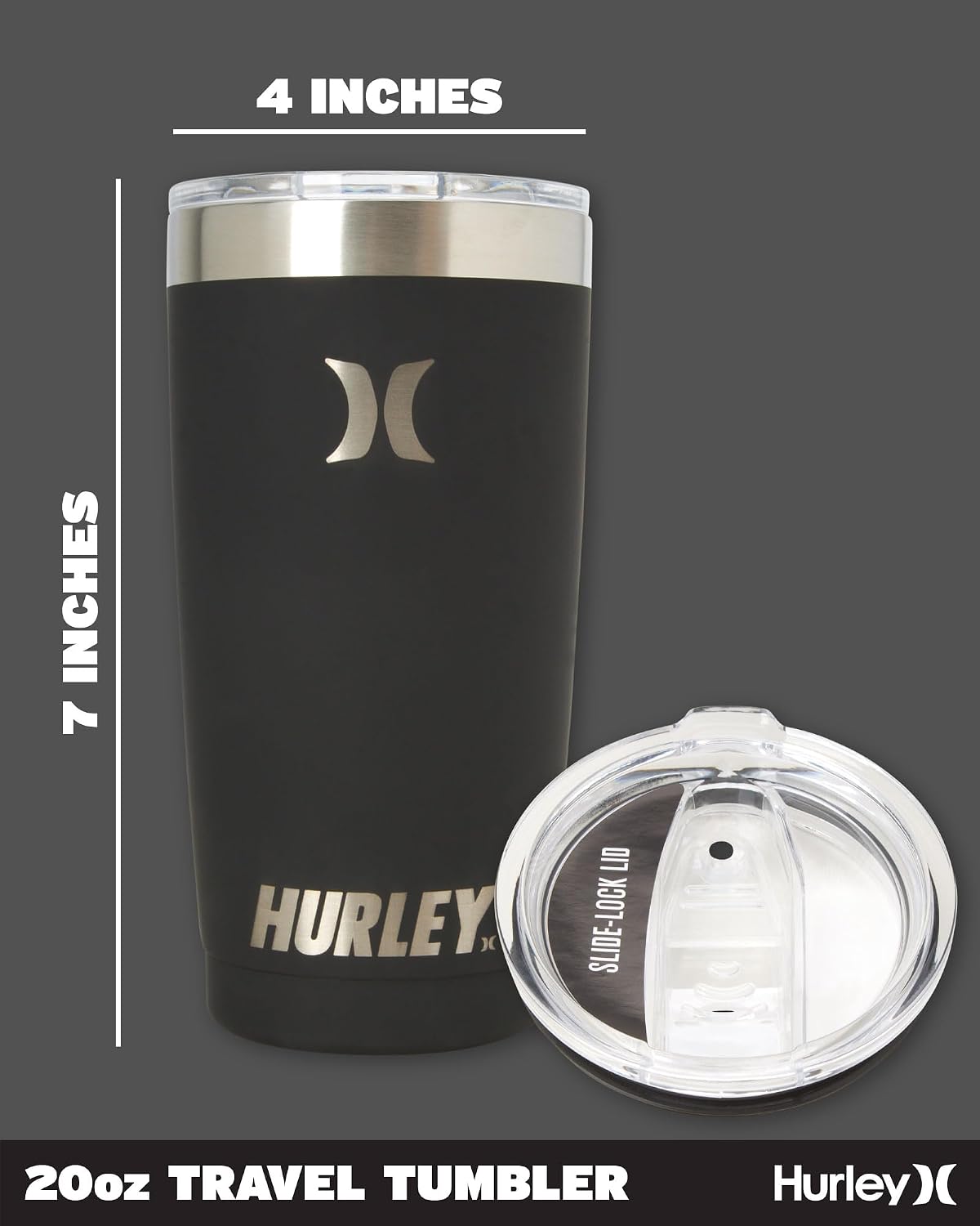 Hurley Tumbler Thermos – 20oz Double Wall Vacuum Insulated Travel Mug – BPA Free Stainless Steel Water Bottle – Leak Proof Hot and Cold Coffee Car Cup, Size 20 oz, Black