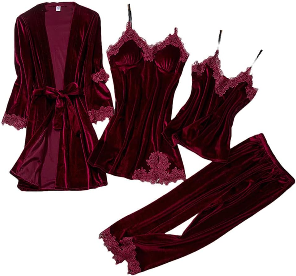 Haitpant Burgundy Pajama Suit Women 4Pcs Kimono Robe Nightgown Set Sleepwear Lady Winter fleece Warm Lace Bathrobe Gown