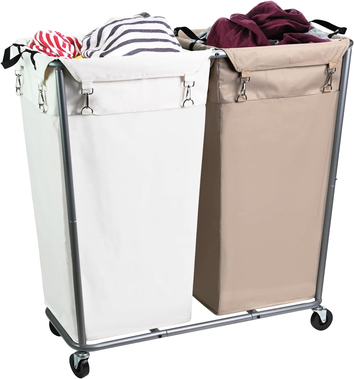 280L Laundry Cart with Wheels, Commercial Large Rolling Laundry Sorter, Heavy Duty Divided 2 Section Laundry Hamper with Steel Frame and Removable Bag for Laundry Room, Bedroom,Hotel Mix Color