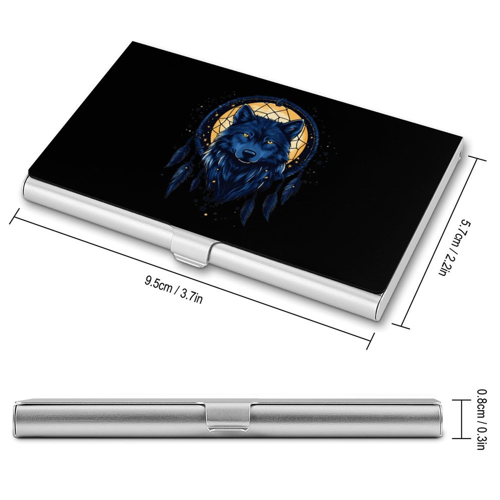 Dream-Catcher Wolf Slim Business Card Holder Wallet for Men & Women Pocket Metal Case 3.7x2.2x0.3 Inches