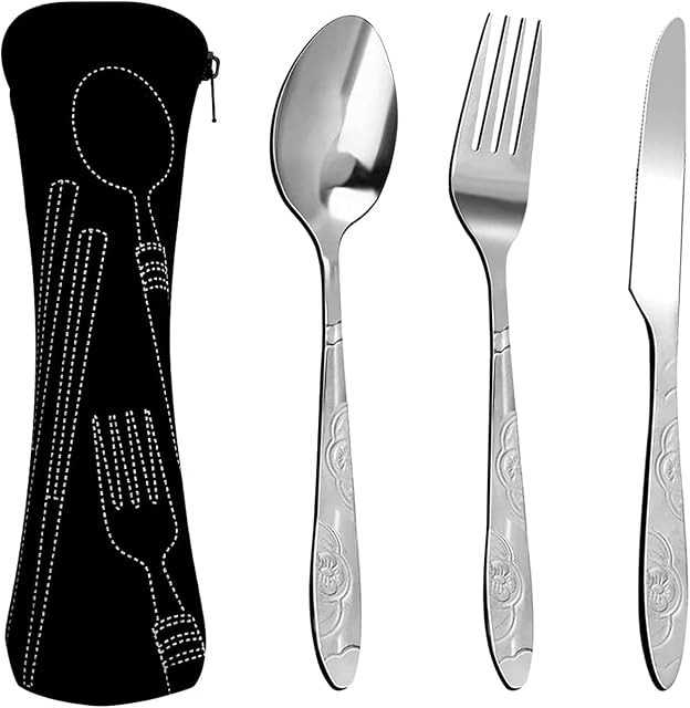 3PCS Camping Cutlery Set, Silverware Travel Cutlery Set Stainless Steel Toddler Cultery with Portable Organizer Bag for Picnic School Knife Fork Spoon