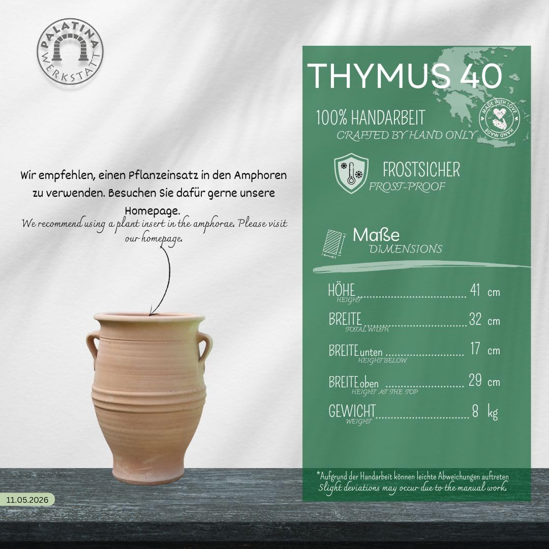 Palatina Werkstatt Terracotta Amphore Thymus 40cm - 100% Handgefertigtes Unikat - Exklusive winterfeste Amphore für den Garten- & Innenbereich