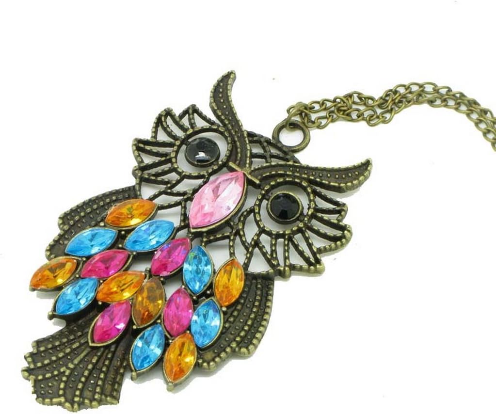Shop4(TM) Antique Alloy Bronze Necklace with Colour Artificial Crystal Owl Long Pendant (A 114)