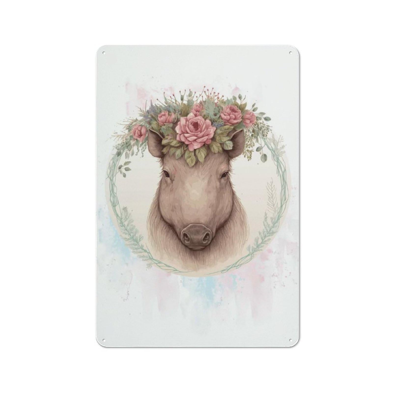 Junmoney Style-18 Rustic Metal Sign With Floral Watercolor Boar Design 30X20cm, Farmhouse Farmhouse Wall Decor For Dining Room, Cafe, Entryway Or Family Room