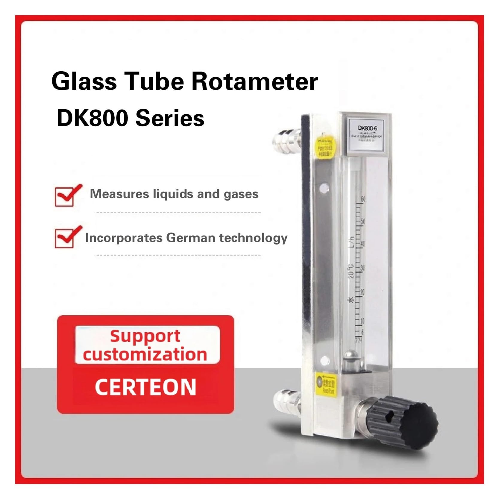 Rotámetro de vidrio DK800-4, caudalímetro de área variable, caudalímetro de aire, oxígeno, nitrógeno y gas, caudalímetro de precisión industrial for laboratorio.(4-40L-H)