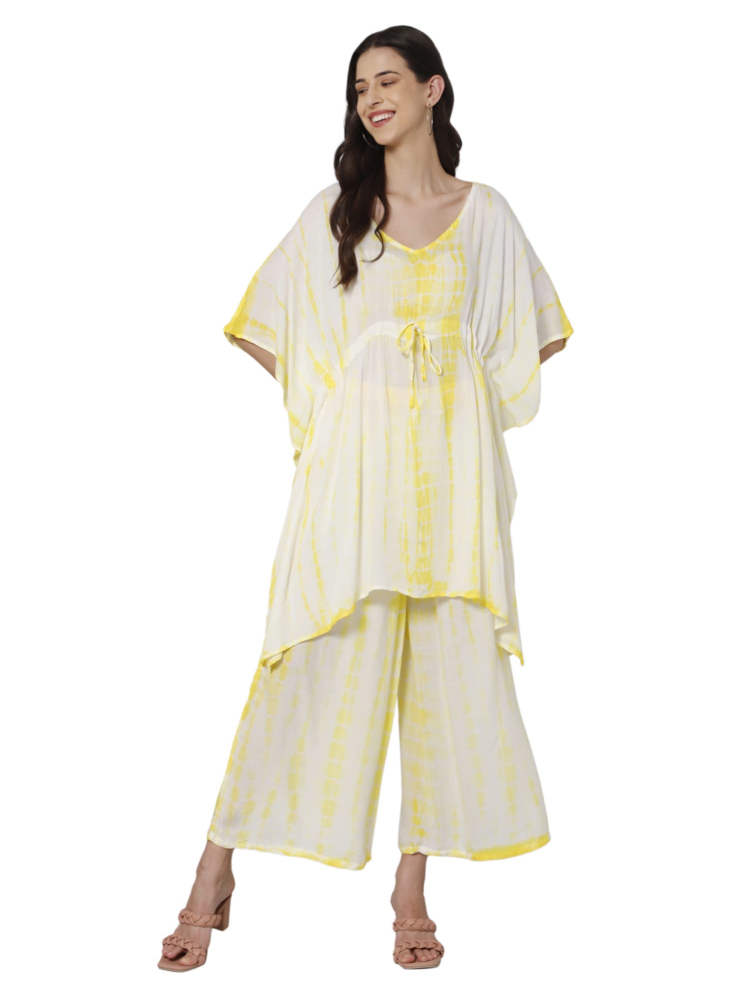 aditi wasan Women's Kaftan and Palazzo Set, Tie and Dye Print Viscose Fabric - (Freesize, White & Yellow)-picture-11