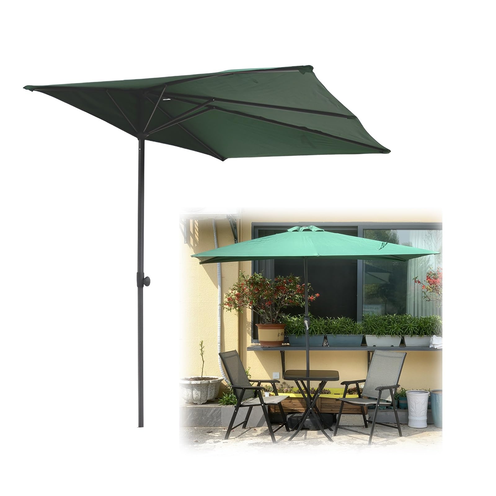 HAOKKV 8.2ft *4.3ft Garden Parasol, Half Rectangle Balcony Umbrella Adjustable Height, For Small Spaces, Against A Wall, Porch, Window(Dark green)