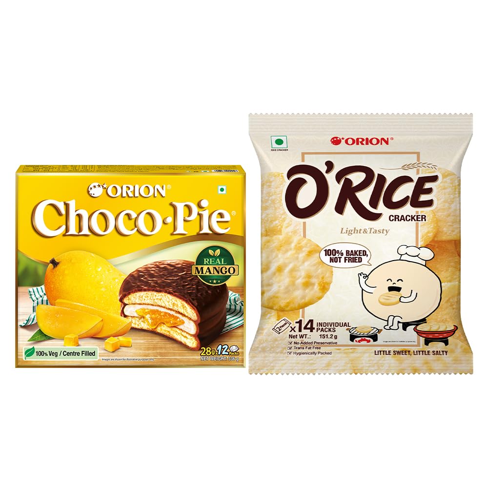 Assorted snacks combo - O'rice cracker Korean baked snack 14 pc pack & Mango Chocopie 12pc pack