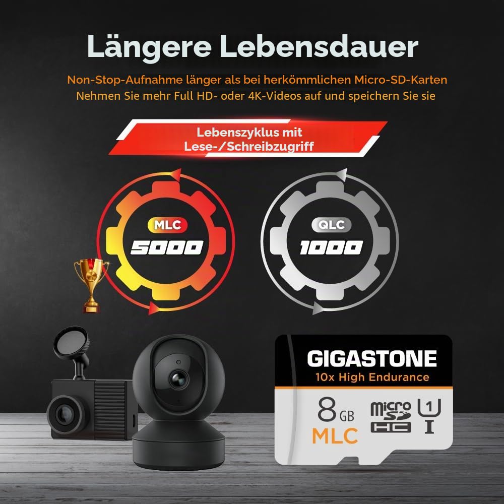 [10x High Endurance]GIGASTONE MLC 8GB 2er-Pack MicroSDXC Karte+Adapter, 85/15 MB/s, Dash Cam,U3 V30 C10 [5-Jahre kostenlose Datenwiederherstellung]