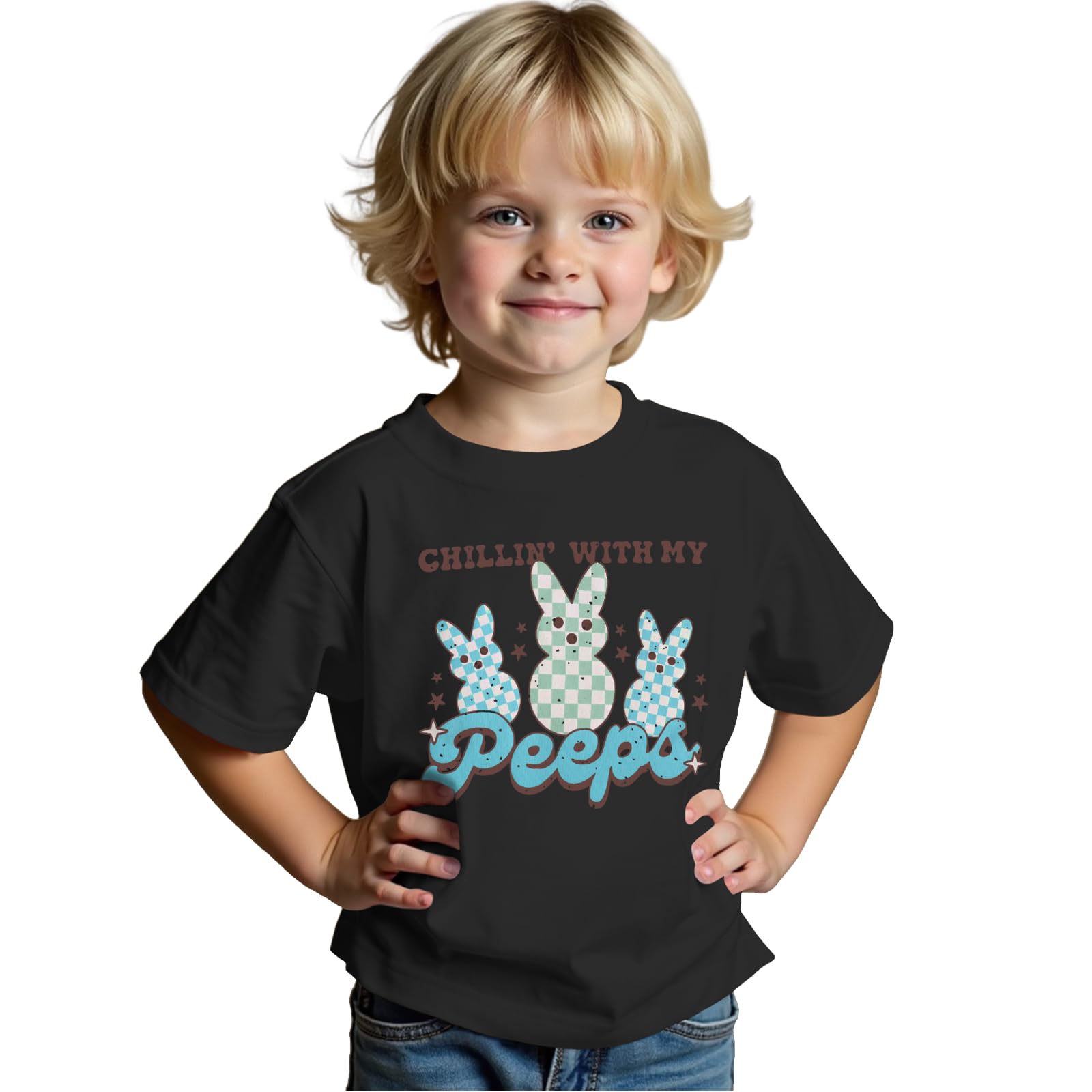CM C&M WODRO Toddler Baby Boy Chillin' with My Peeps T-Shirt Kid Funny Easter Checkered Bunny Print Tees Short Sleeve Shirt