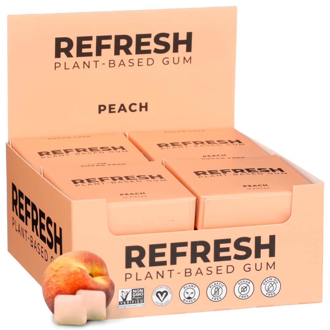 Natural Xylitol Chewing Gum, Plastic Free, Organic Ingredients, Vegan, Non GMO, Gluten Free, Plant-Based, Natural Flavors, Peach, 12 Pack