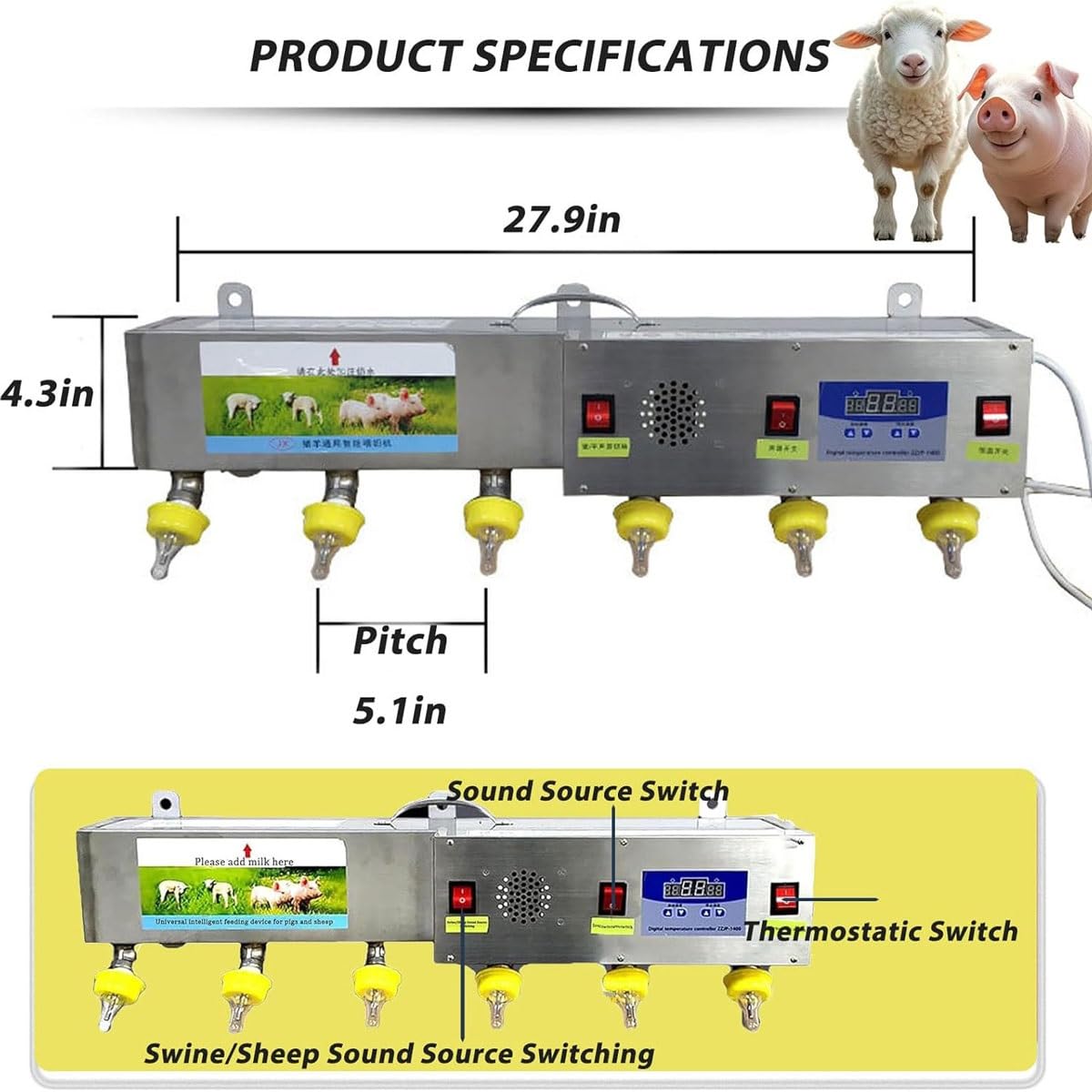 Alimentador automático de leche de temperatura constante para lechones y corderos, estación de alimentación de pezones de silicona con simulación de sonido, dispositivo de lactancia materna de acero