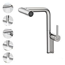 HURRAN Miscelatore Cucina con Doccetta Estraibile, Rubinetto Lavello Cucina con 5 Modalità di Erogazione, Rubinetto Cucina Monocomando Girevole a 360°, Nichel Spazzolato