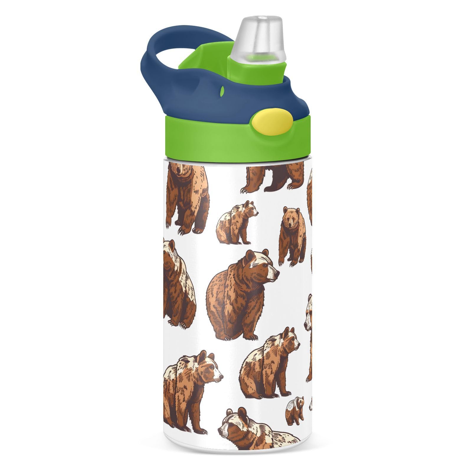 Cute Grizzly Bears Brown Kids Water Bottle with Straw Lid Insulated Tumbler with Handle Stainless Steel Reusable Toddlers Cup for Kids Boys 12 oz