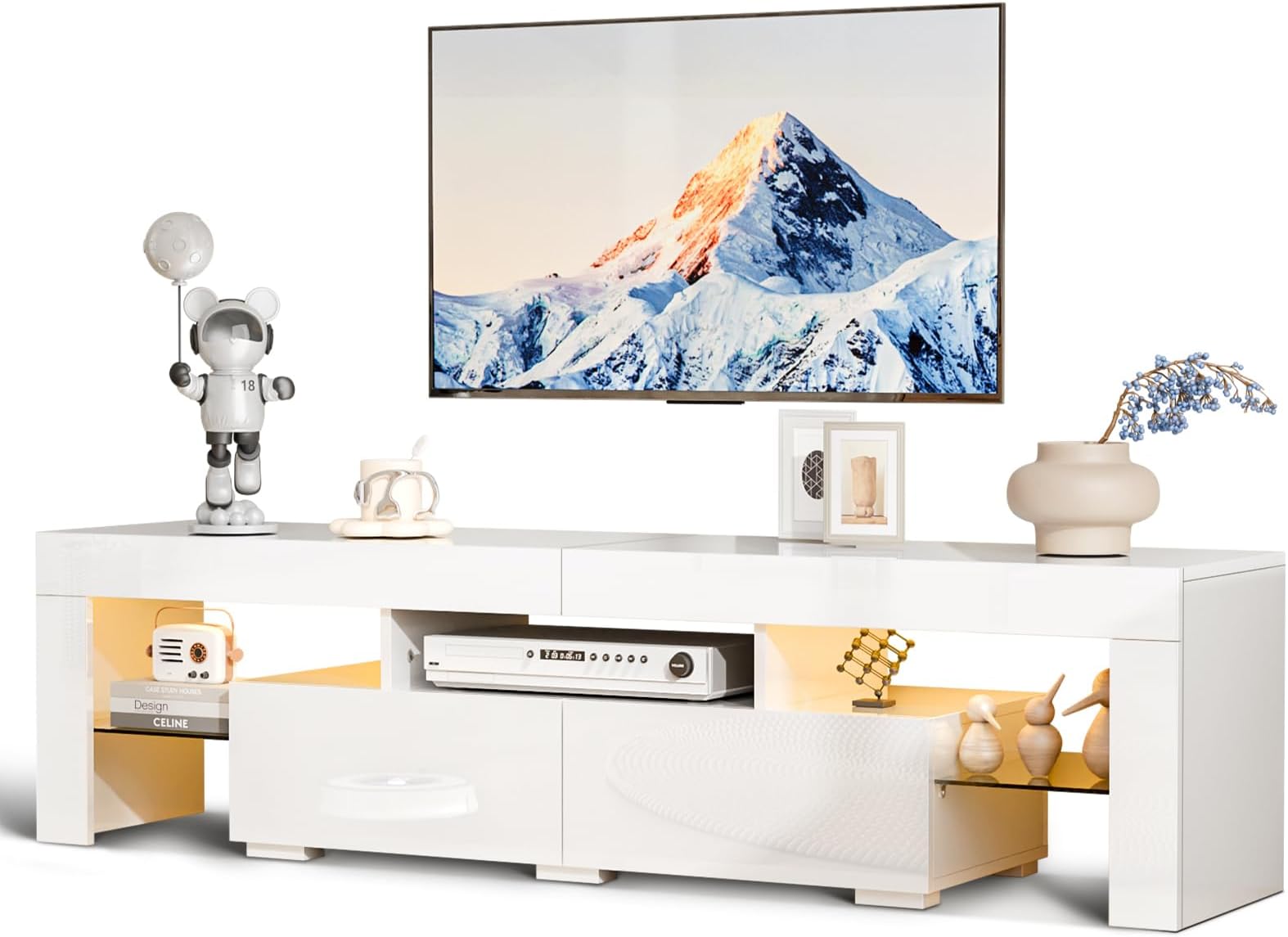 LED TV Stand, 63'' High Glossy Modern Entertainment Center with Remote Control 20-Color LED Lights and 2 Large Storage Draws for 55/60/65/70 Inch TV (White, 63''L x 14''W x 18''H)
