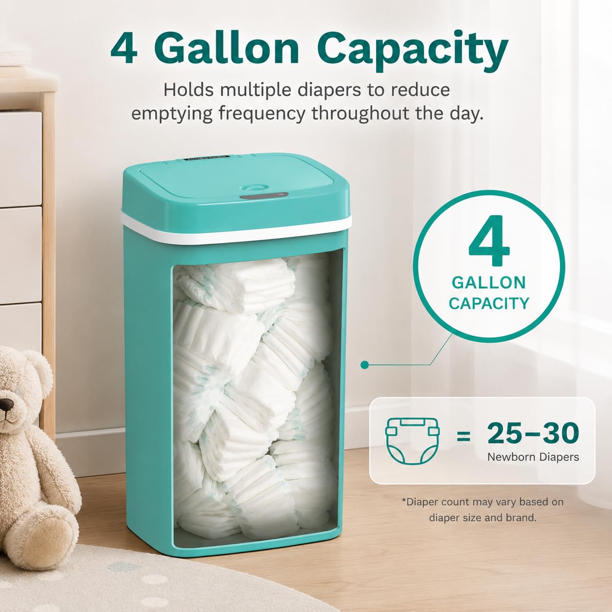 15L Smart Diaper Pail with Motion Sensor Lid | Touchless Hands-Free Baby Diaper Trash Can | Double Locking Seal | Slim Space-Saving Design | Quiet & Durable (Turquoise)