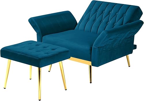 Miniatura 7 de Silla decorativa de terciopelo con respaldo y reposabrazos ajustables, sillón reclinable individual con otomana y patas mentales doradas para sala