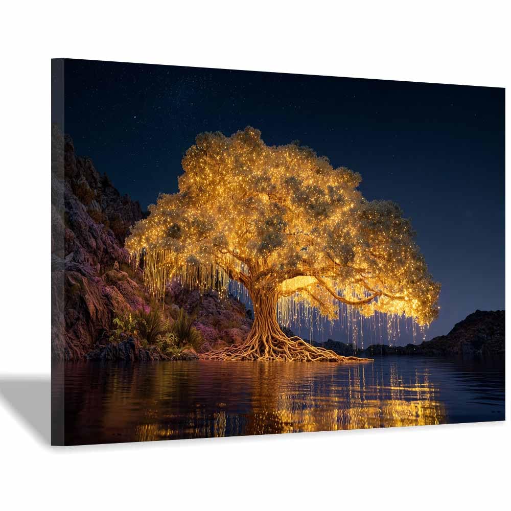 XENIOU Nature Wall Art Starry golden Blooms tree canvas painting wall art, Living Room Bedroom Hallway Stairs Decoration.(Multicolor)-70x100cm Framed