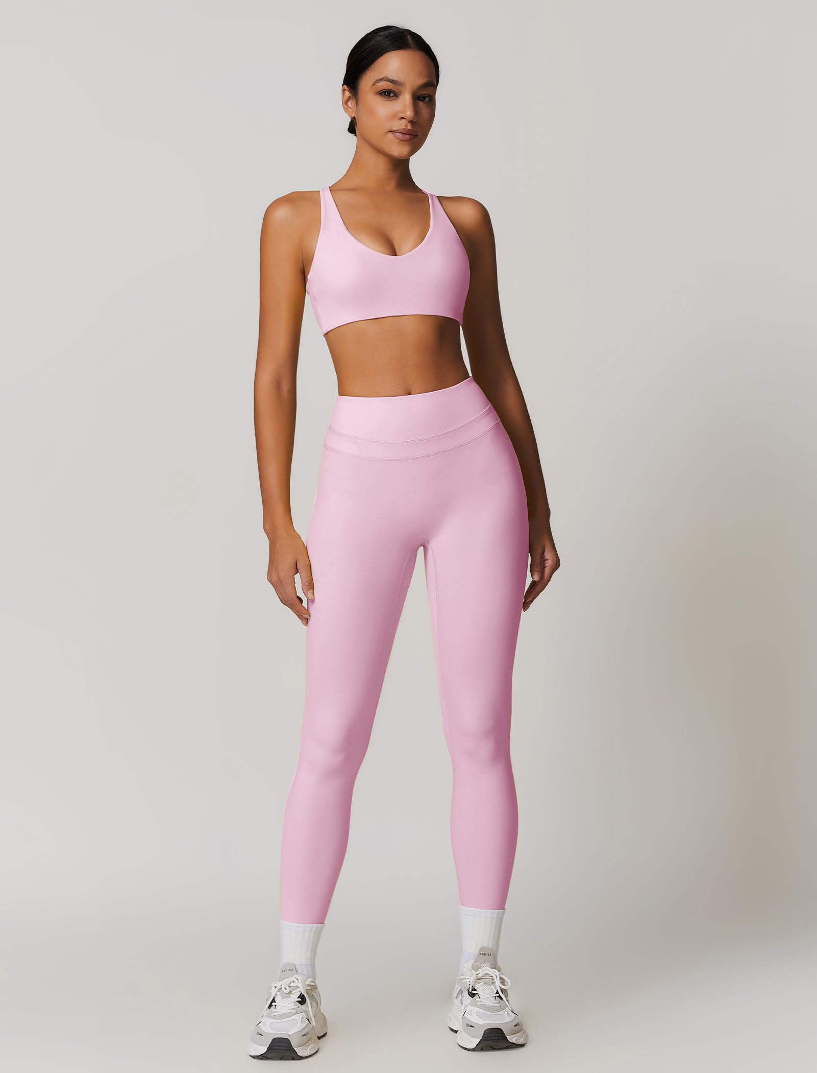 QBGJTD Two Piece Womens Workout Sets for Women U Neck Cross Back Sports Bras Matching Tummy Control High Waist Leggings Set Gym Yoga Jogger Athletic Clothes Pilates 2 Piece Outfits Pink S