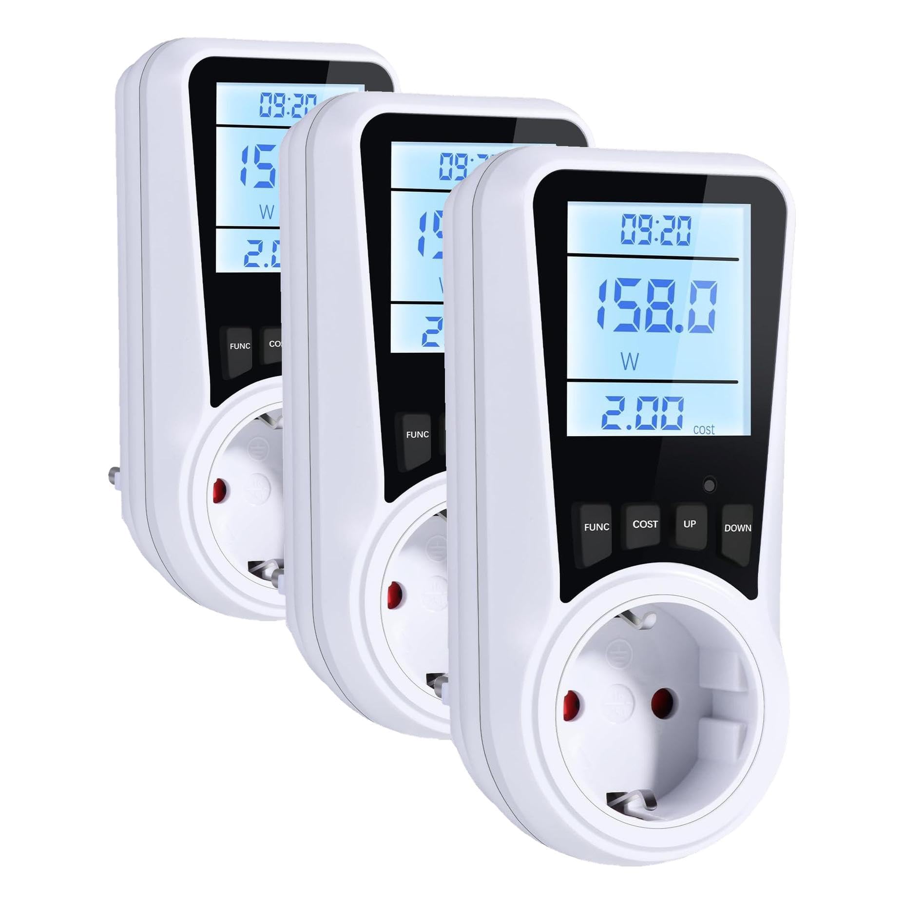 Vinabo Misuratore Consumo Elettrico con LCD, Contatore Energia Elettrica 16A/3680W, 7 Modalità Monitoraggio, Protezione Sovraccarico, Presa Consumo Energia (Confezione da 3)