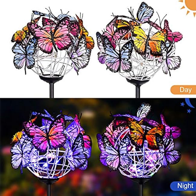 Outdoor Solar Garden Lights - 2 Pack Solar Powered Garden Stake Lights with 18 Butterflies and Copper String Lights, Multicolor