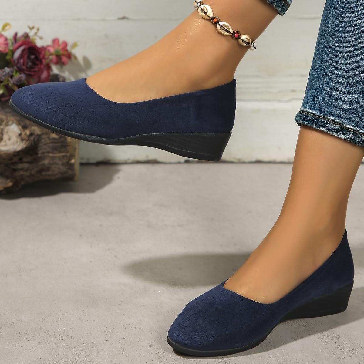 Zapatos de cuero ligeros para mujer, cómodos, con soporte de arco, de cuña, sin cordones, de tacón bajo, para el trabajo, bailarina, mocasines