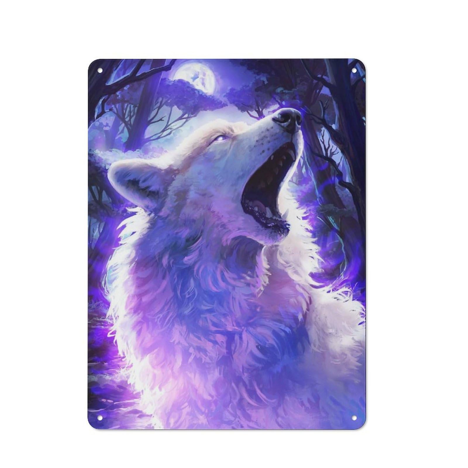 Metal Sign 40x30cm with Howling Magical Wolf for Hallway Wall, Retro Decor, Autumn Home Decor for Collectors of Metal Signs