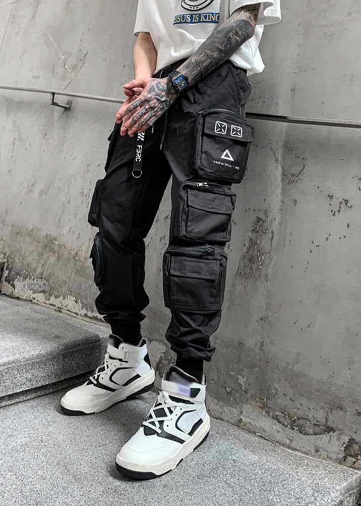 ORANDESIGNE Pantaloni Cargo da Uomo Multitasche Jogger Streetwear con Coulisse Hip Hop Pantaloni da Jogging Casual Teachwear Pantaloni Tattico Nero Urbano Outdoor