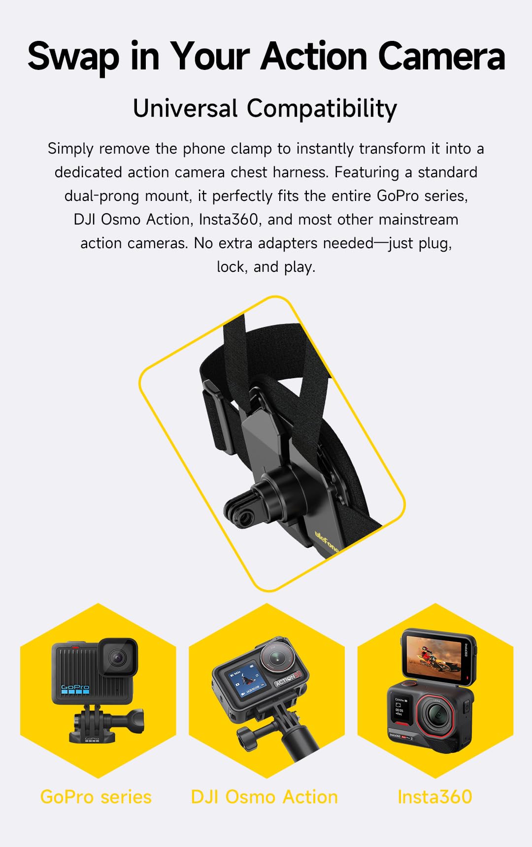 Armor Mount Go verstellbare Brustgurt-Halterung, Schnellentriegelung, 360° drehbar und 270° Neigung für Smartphone & Action-Kamera, passend für 55–80 mm Breite, max. 13 mm Dicke, ideal für POV-Filme