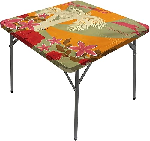 Mantel cuadrado hawaiano, estampado vintage, coloridos delfines en remolino, palma, elástico, se adapta a mesas de 24 x 24 pulgadas, para
