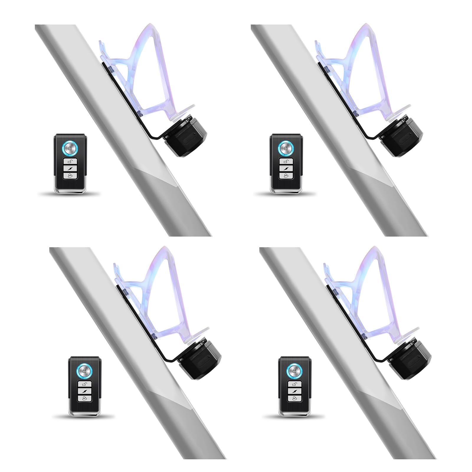 NineLeaf Fahrrad Alarmanlage, Alarmanlage für Fahrrad mit Fernbedienung,L-förmige Aluminium-Flaschenhalter-Halterung,110 dB Diebstahlalarm, 3Lautstärken 7Empfindlichkeiten,USB-C,IP65 Wasserdicht,4Pcs